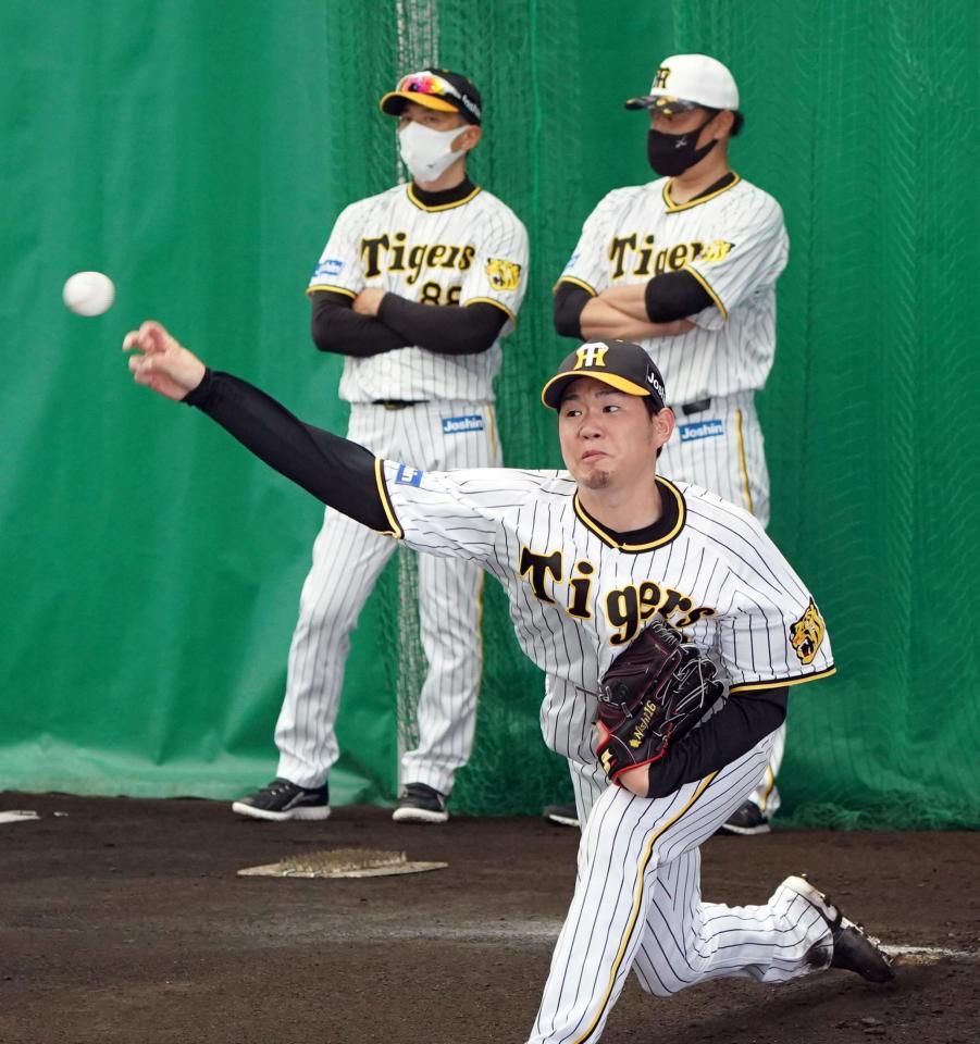 矢野監督（左）が見守る中、ブルペンで投球する西勇（撮影・山口登）