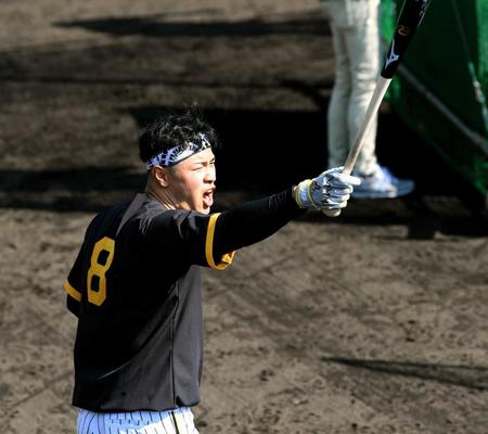 　ロングティーを打つ前、声を張り上げて気合を入れる佐藤輝（撮影・田中太一）