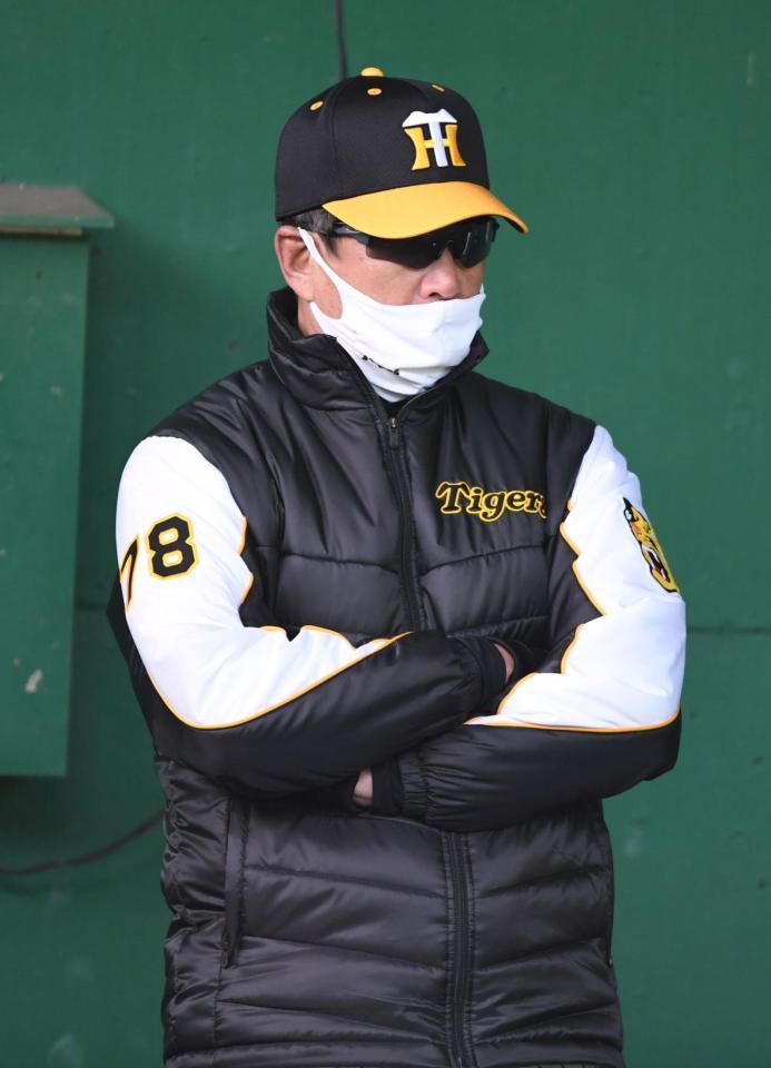 阪神・森木大智のブルペンでの投球を見守る阪神・平田勝男２軍監督＝安芸市営球場（撮影・石井剣太郎）