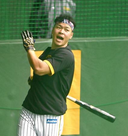 　打撃練習で声を上げる佐藤輝（撮影・飯室逸平）