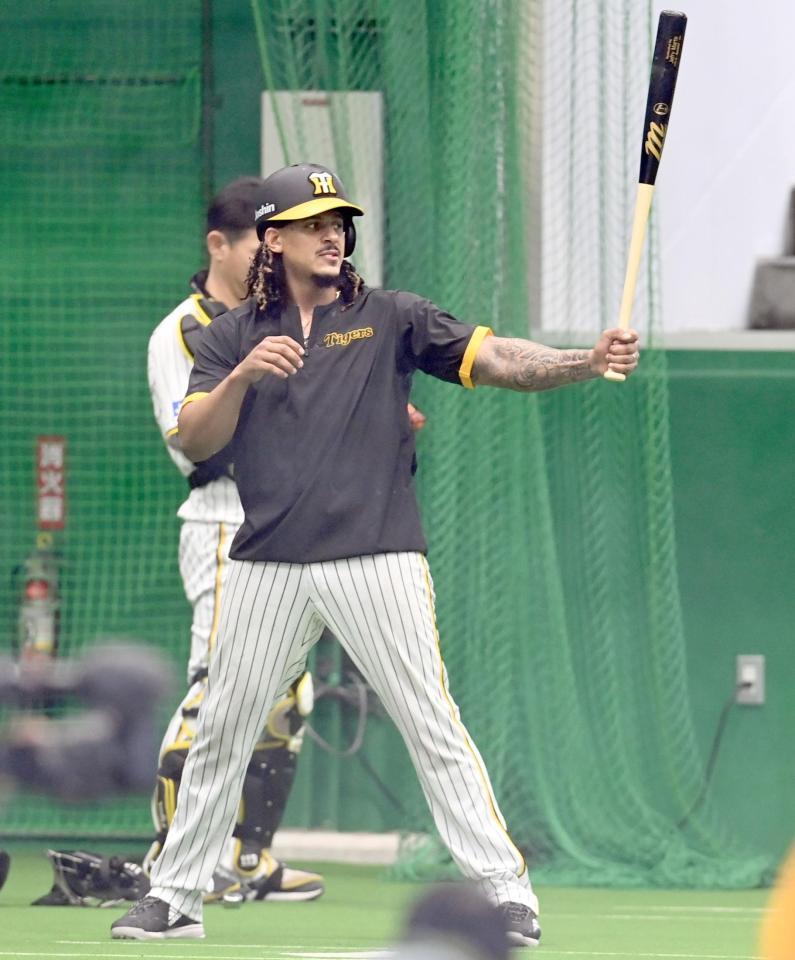 打席に立って藤浪の球筋を見るマルテ（撮影・田中太一）