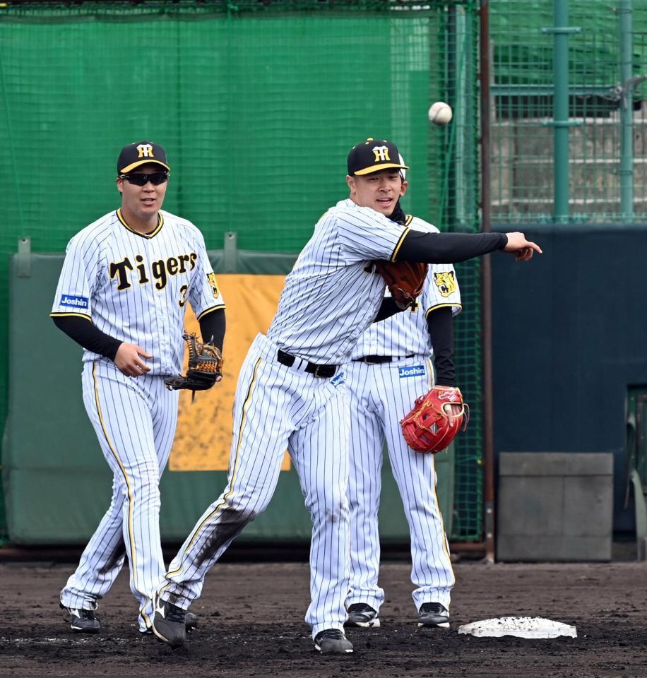 　三塁でノックを受ける佐藤輝（左は大山）（撮影・山口登）