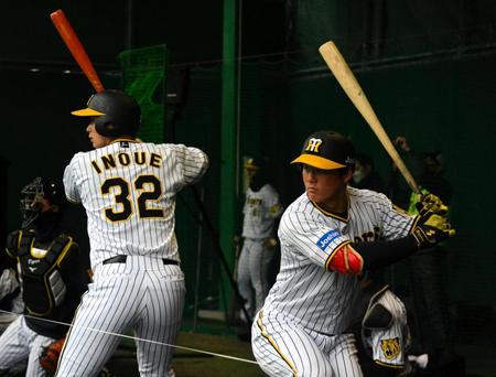 　ブルペンで目慣らしした井上（左）と前川