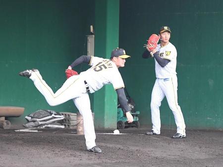 　ブルペンで力投する西純（左）と森木（撮影・石井剣太郎）