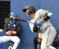 　９回、新庄ビッグボス（左奥）の前で適時二塁打を放つ梅野