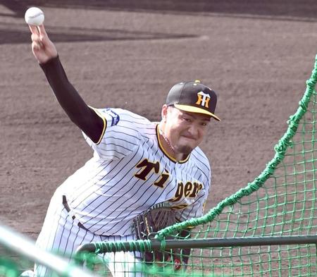 　打撃投手を務める秋山（撮影・田中太一）