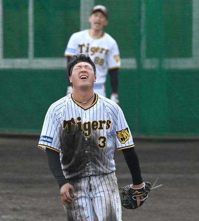 　矢野監督のノックに苦しそうに天を仰ぐ大山（撮影・飯室逸平）