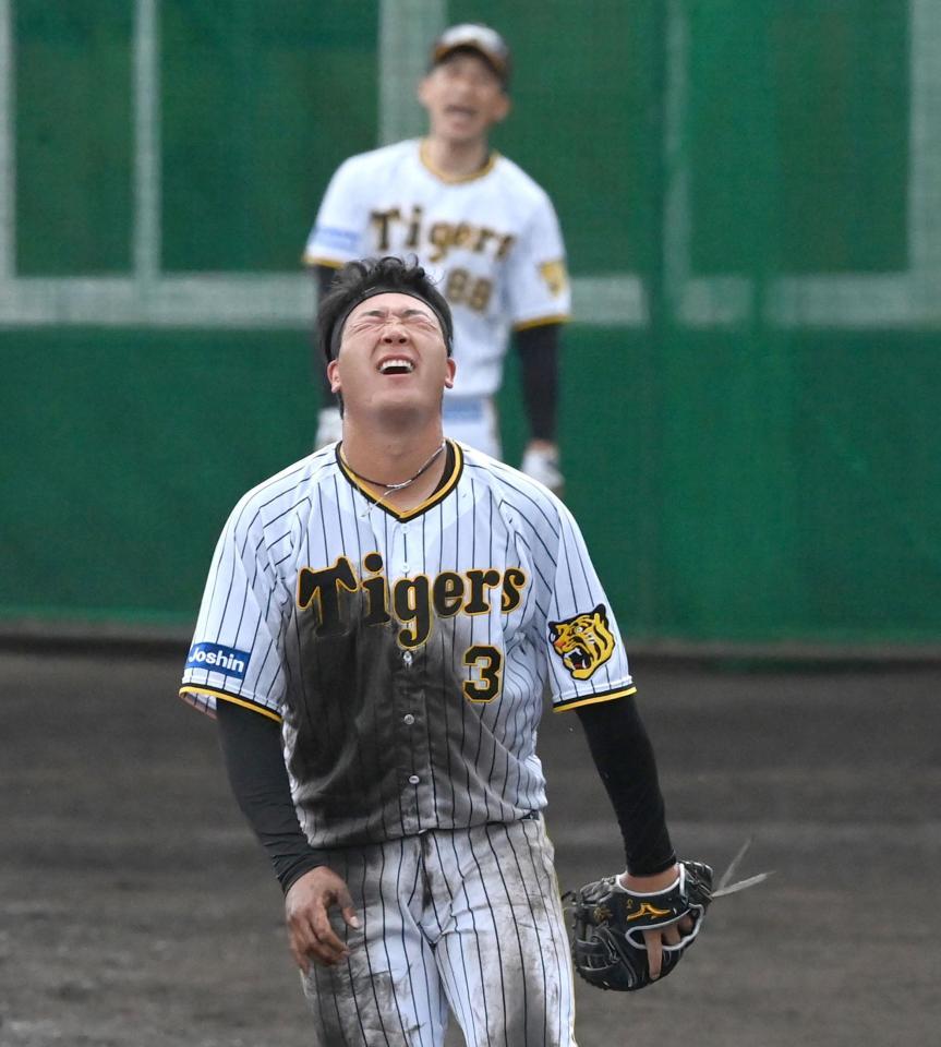 　矢野監督のノックに苦しそうに天を仰ぐ大山（撮影・飯室逸平）