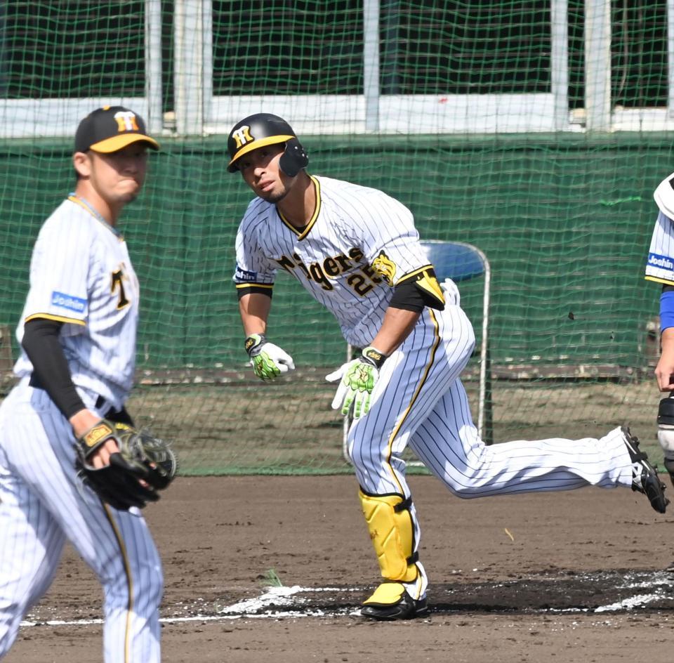 　シート打撃で岩貞から３ランを放つ江越（撮影・飯室逸平）