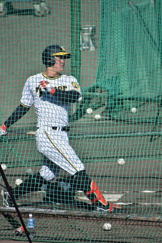 フリー打撃で豪快なフォロースルーを見せる前川