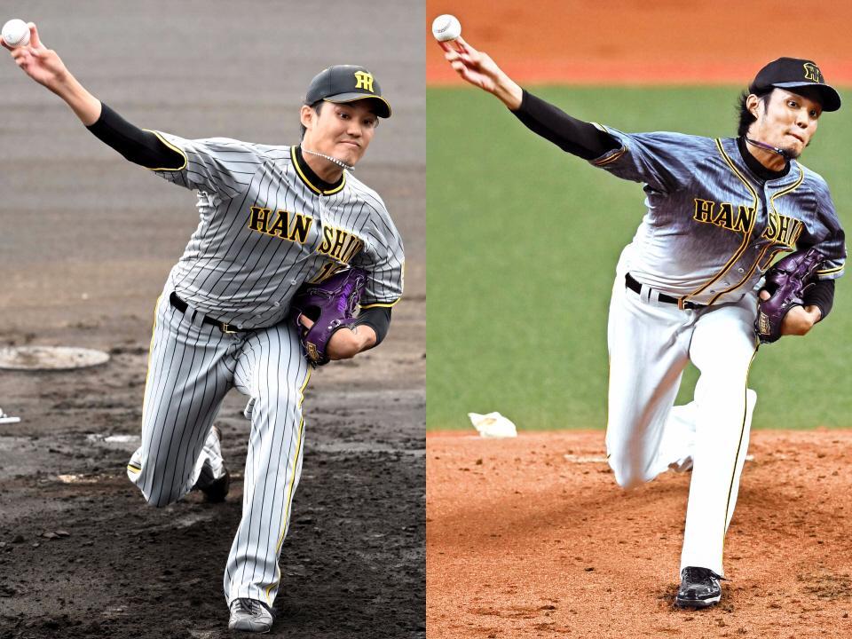 　１９日の楽天戦に登板した藤浪（左）と昨季８月の投球フォーム