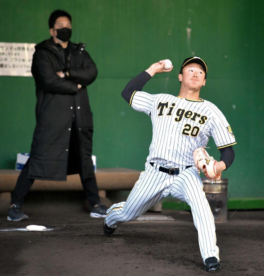 　藤川ＳＡの前で投球練習に励む森木（撮影・神子素慎一）