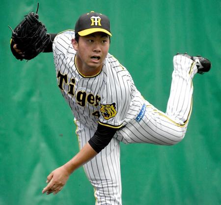 　ブルペンで投球する桐敷（撮影・佐々木彰尚）