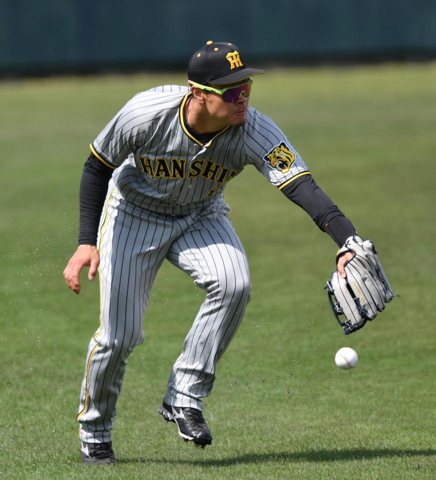 　３回裏、糸原の打球を紅組の佐藤輝は捕れず（撮影・佐々木彰尚）