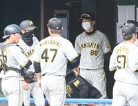 ７回、ベンチで厳しい表情の矢野監督（撮影・飯室逸平）