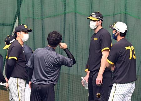 　ガンケル（右から２人目）は登板を回避し、矢野監督（左端）と話しをする（撮影・山口登）