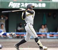 　６回、右前打を放つ佐藤輝（撮影・棚橋慶太）