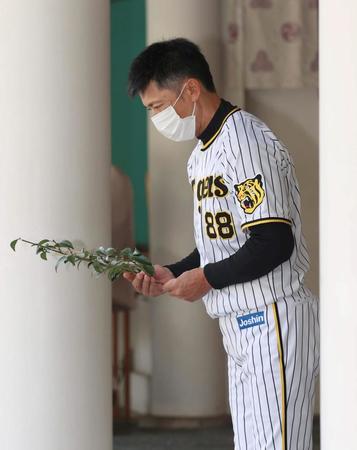 　西宮神社で玉串を奉納する矢野監督（代表撮影）