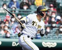 　１回、バットを折りながら先制打を放つ佐藤輝（撮影・田中太一）