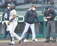 　７回、三振に倒れたロハス（左）と選手交代を告げる矢野監督（中央）＝撮影・高部洋祐