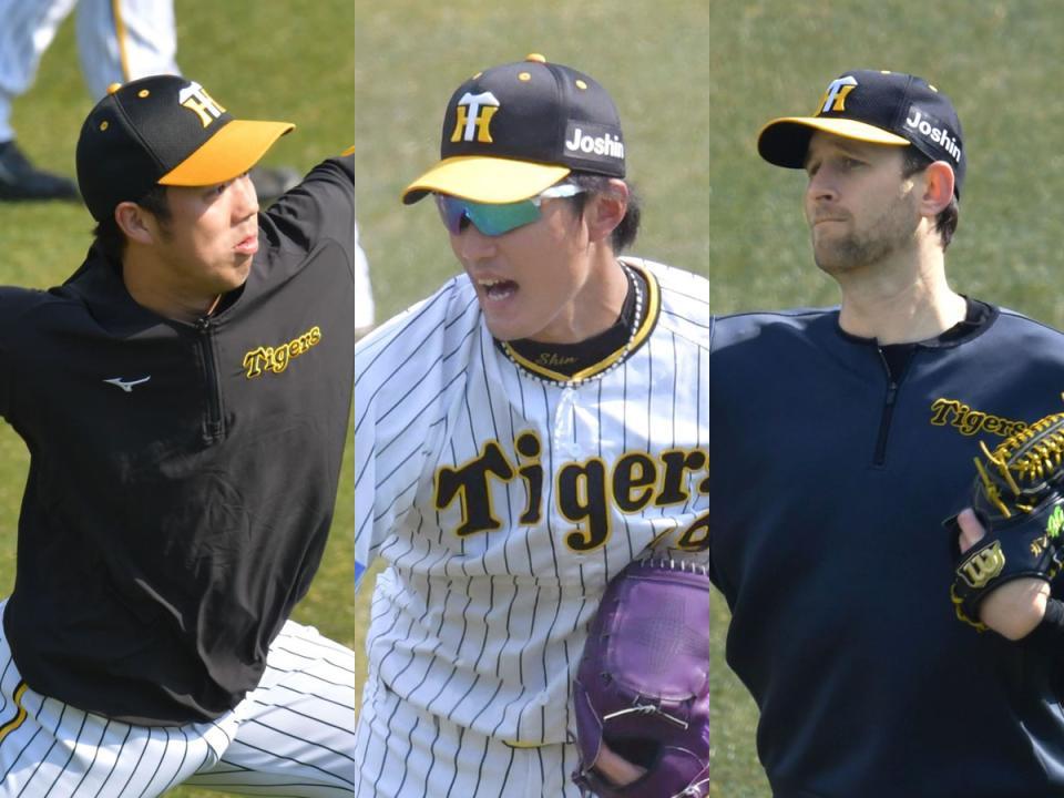 　開幕ヤクルト３連戦での先発が見込まれる（左から）青柳、藤浪、ガンケル