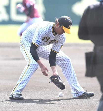 　１回、バント処理をミスする藤浪（撮影・飯室逸平）