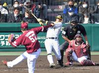 ４回、２ランを放つ糸井。投手・滝中（撮影・高部洋祐）