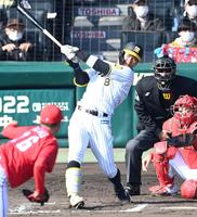 　６回、右前打を放つ佐藤輝（撮影・飯室逸平）