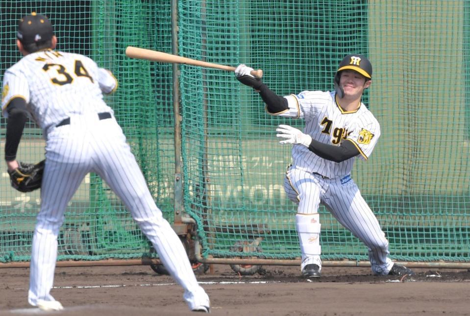 シート打撃で二保から安打性の打球を放つ中野（撮影・北村雅宏）