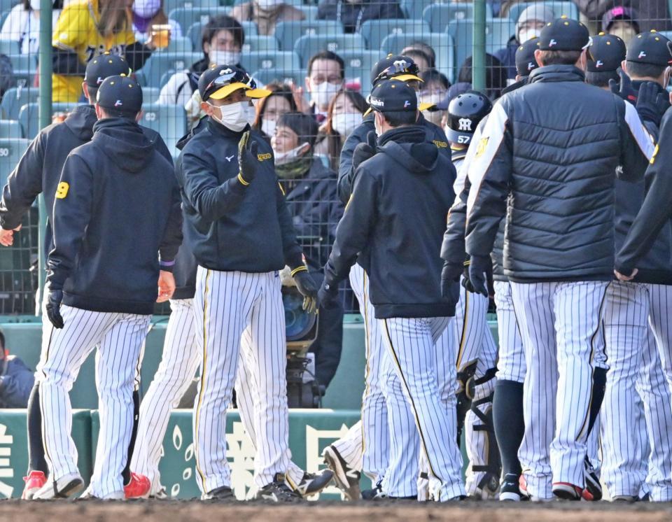 　広島に勝利し、ナインとタッチを交わす矢野監督（撮影・立川洋一郎）