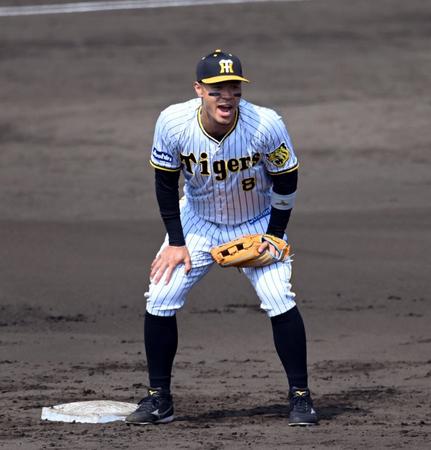 ４番セカンドで先発する佐藤輝（撮影・山口登）