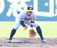 ２回、二ゴロをさばく佐藤輝（撮影・飯室逸平）