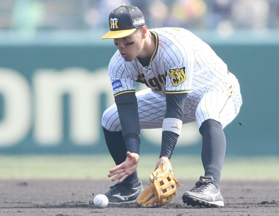 １回、二塁を守る佐藤輝明はビシエドの打球をさばく（撮影・田中太一）