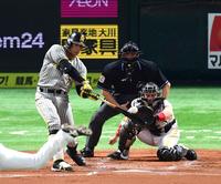 　１回、糸井は中前に適時打を放つ（捕手・甲斐）＝撮影・山口登