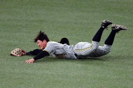 　３回、前川は後藤の飛球にダイブするも捕球できず（撮影・山口登）