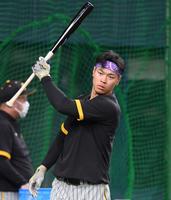 　打撃練フォームをチェックする佐藤輝（撮影・田中太一）