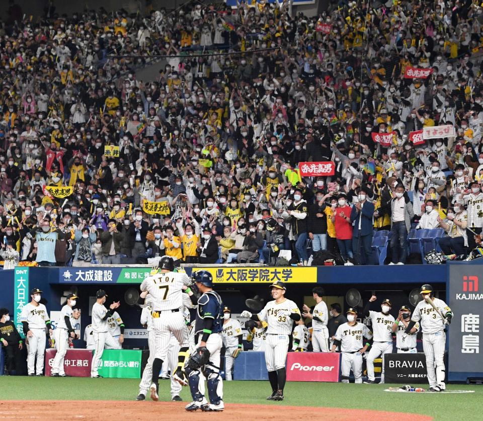 　４回、糸井の２ランに歓喜するタイガースファン（撮影・飯室逸平）