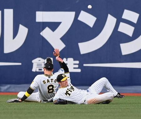 　７回、塩見の打球に追いつけずソロを許す近本（右）と佐藤輝（撮影・田中太一）