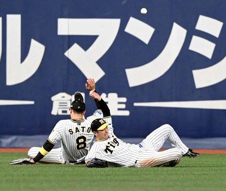 　７回、塩見の打球に追いつけずランニングホームランを許す近本（右）と佐藤輝（撮影・田中太一）