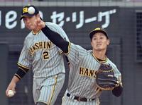 シートノックで送球する坂本。奥は梅野（撮影・田中太一）