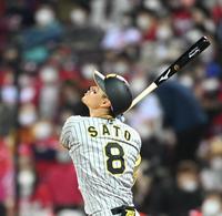 ４回阪神無死、遊飛に倒れる阪神・佐藤輝明＝マツダスタジアム（撮影・飯室逸平）