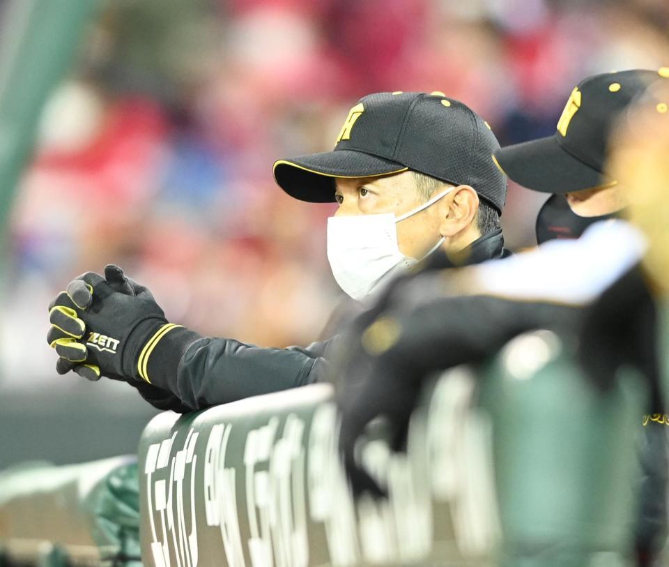 ベンチから戦況を見守る矢野監督（撮影・飯室逸平）