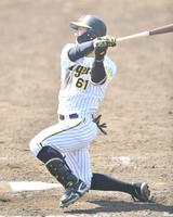 　４回、左越えに適時三塁打を放つ豊田（撮影・吉澤敬太）