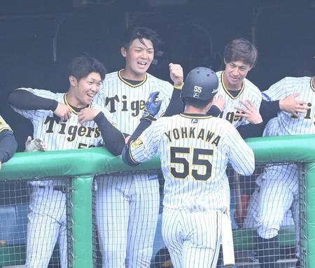 ７回、勝ち越しソロを放った陽川を迎える井上ら阪神ナイン＝鳴尾浜
