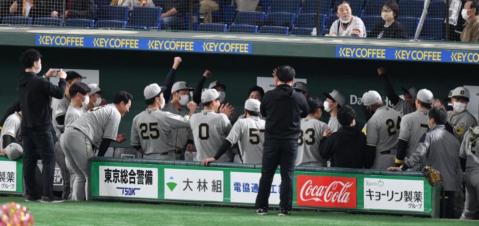 　ベンチで円陣を組む阪神ナイン（撮影・佐々木彰尚）