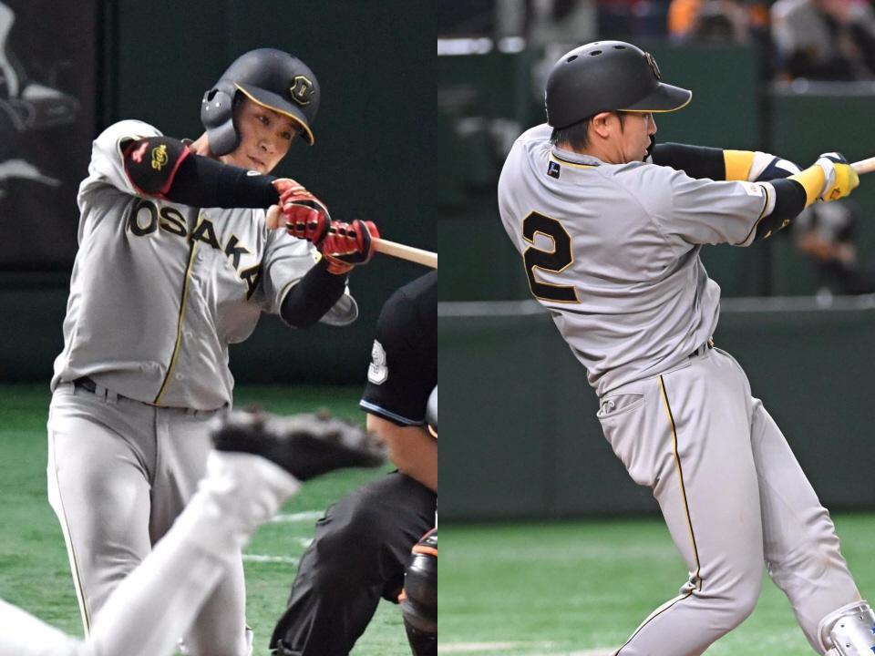 　９回に本塁打を放った木浪（左）と梅野