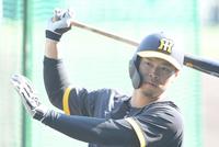 　試合前、バットを振る佐藤輝（撮影・高部洋祐）