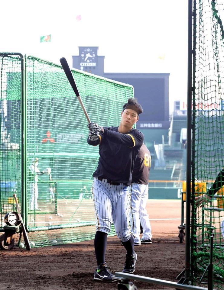 　試合中止が決まった甲子園で打撃練習に励む佐藤輝（撮影・高部洋祐）