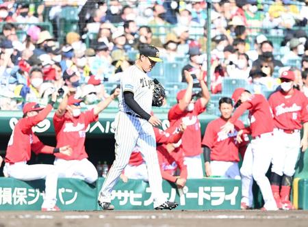 　３回、森下に走者一掃の三塁打を打たれ、肩を落とす秋山（撮影・飯室逸平）