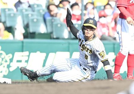 　７回、大山の内野ゴロの間に三塁へ滑り込む二走の佐藤輝（撮影・飯室逸平）